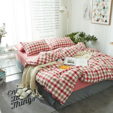 91家纺网 家纺一手货源 找家纺 安莱生活 2021新款全棉水洗棉套件 七彩格红