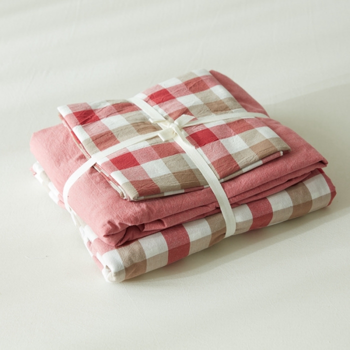 91家纺网 家纺一手货源 找家纺 安莱生活 2021新款全棉水洗棉套件 七彩格红