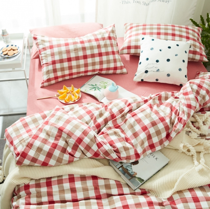 91家纺网 家纺一手货源 找家纺 安莱生活 2021新款全棉水洗棉套件 七彩格红