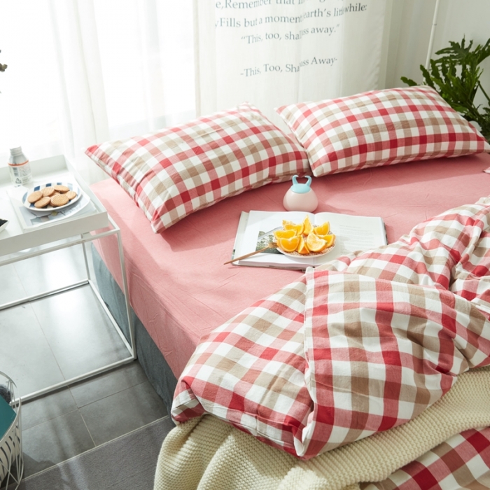 91家纺网 家纺一手货源 找家纺 安莱生活 2021新款全棉水洗棉套件 七彩格红