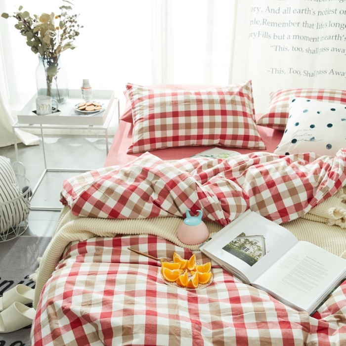 91家纺网 家纺一手货源 找家纺 安莱生活 2021新款全棉水洗棉套件 七彩格红