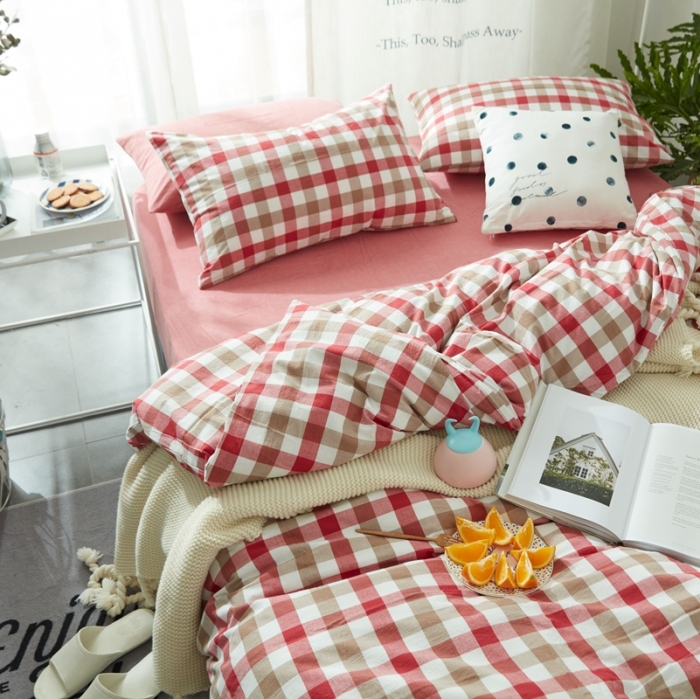 91家纺网 家纺一手货源 找家纺 安莱生活 2021新款全棉水洗棉套件 七彩格红