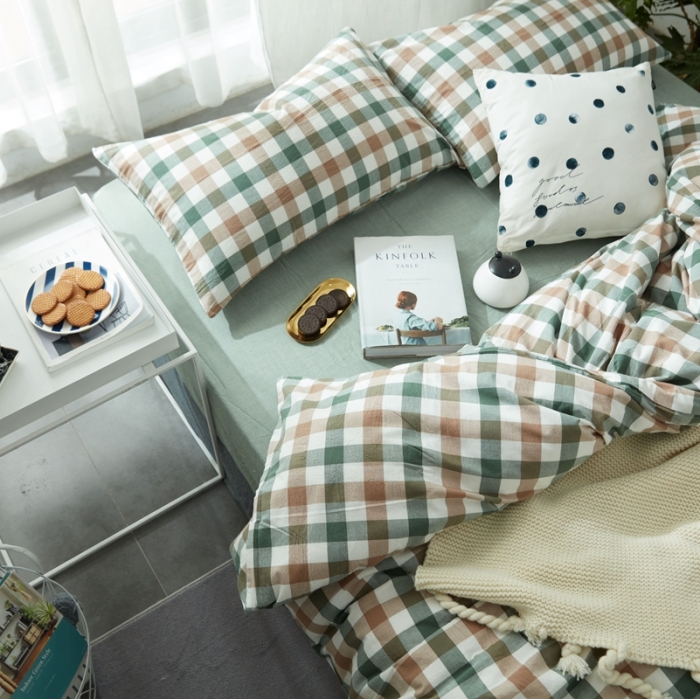 91家纺网 家纺一手货源 找家纺 安莱生活 2021新款全棉水洗棉套件 七彩格绿色