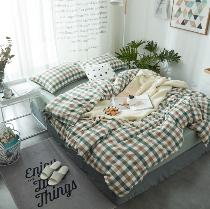 91家纺网 家纺一手货源 找家纺 安莱生活 2021新款全棉水洗棉套件 七彩格绿色