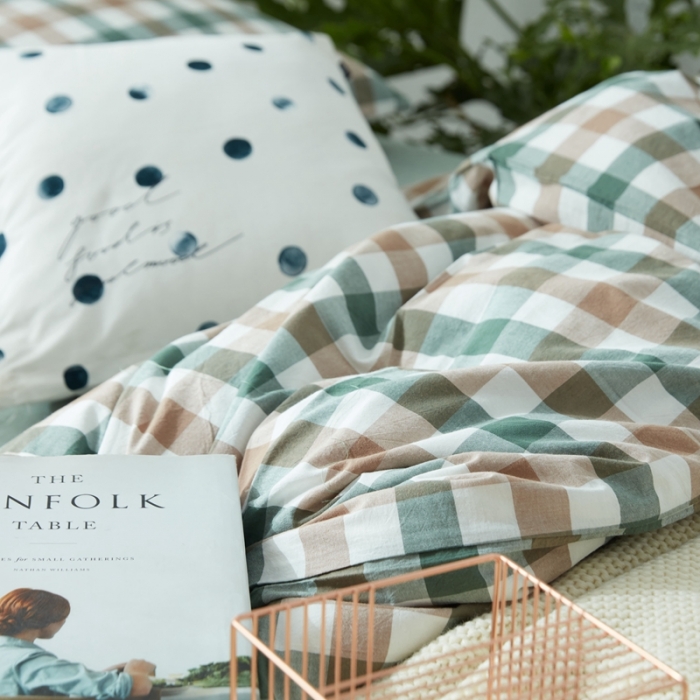 91家纺网 家纺一手货源 找家纺 安莱生活 2021新款全棉水洗棉套件 七彩格绿色