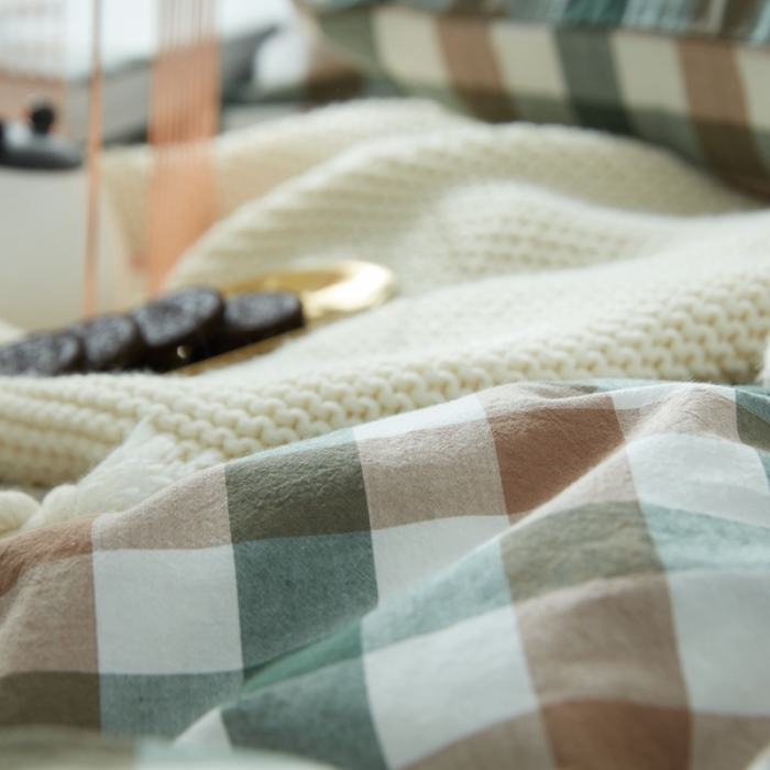 91家纺网 家纺一手货源 找家纺 安莱生活 2021新款全棉水洗棉套件 七彩格绿色