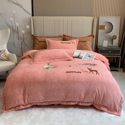 91家纺网 家纺一手货源 找家纺 榻尚2021新款高克重婴肤绒牛奶绒毛巾绣高端四件套 橘色小鹿