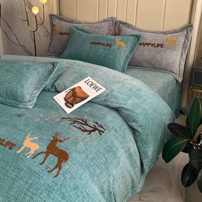 91家纺网 家纺一手货源 找家纺 榻尚2021新款高克重婴肤绒牛奶绒毛巾绣高端四件套 黛色小鹿