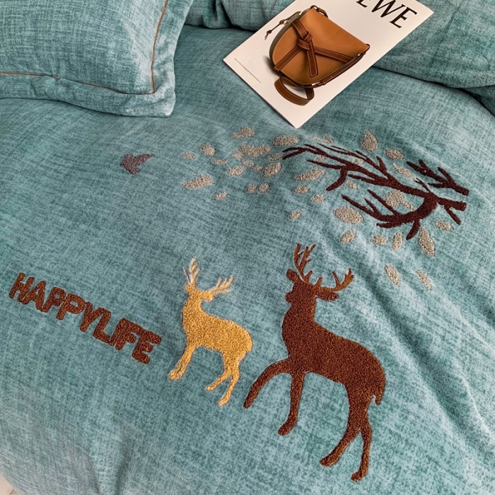 91家纺网 家纺一手货源 找家纺 榻尚2021新款高克重婴肤绒牛奶绒毛巾绣高端四件套 黛色小鹿