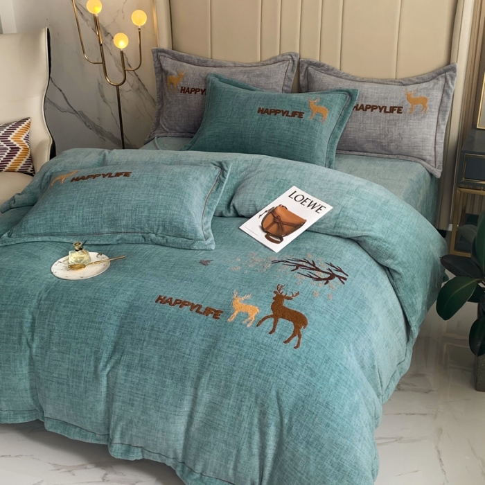 91家纺网 家纺一手货源 找家纺 榻尚2021新款高克重婴肤绒牛奶绒毛巾绣高端四件套 黛色小鹿