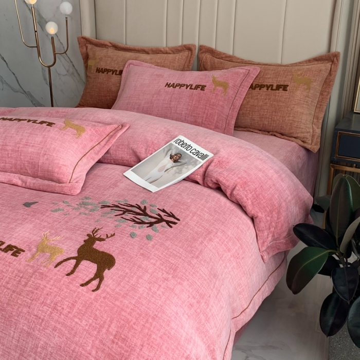 91家纺网 家纺一手货源 找家纺 榻尚2021新款高克重婴肤绒牛奶绒毛巾绣高端四件套 粉色小鹿