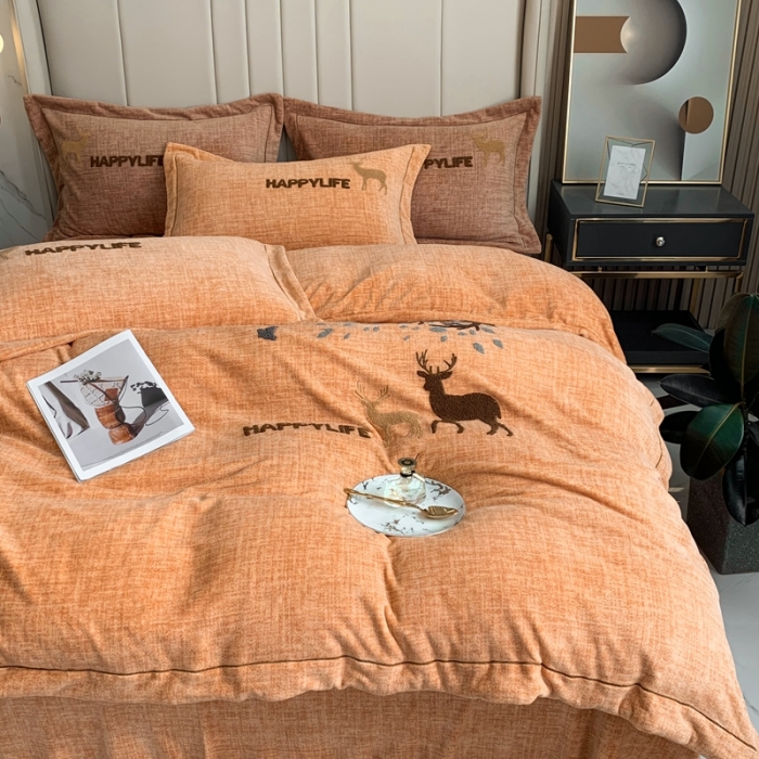 91家纺网 家纺一手货源 找家纺 榻尚2021新款高克重婴肤绒牛奶绒毛巾绣高端四件套 黄色小鹿