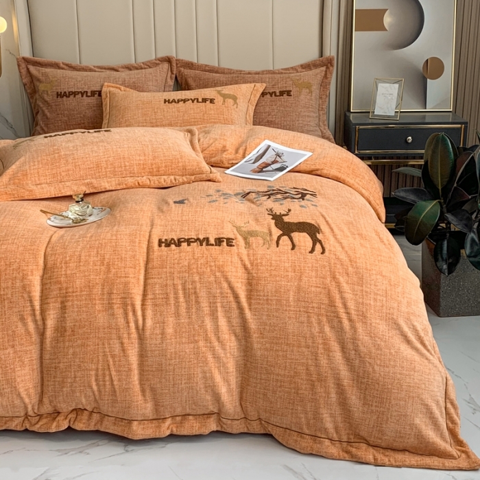 91家纺网 家纺一手货源 找家纺 榻尚2021新款高克重婴肤绒牛奶绒毛巾绣高端四件套 黄色小鹿