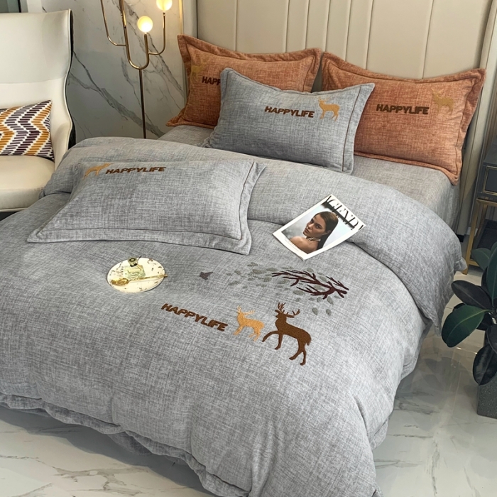 91家纺网 家纺一手货源 找家纺 榻尚2021新款高克重婴肤绒牛奶绒毛巾绣高端四件套 灰色小鹿