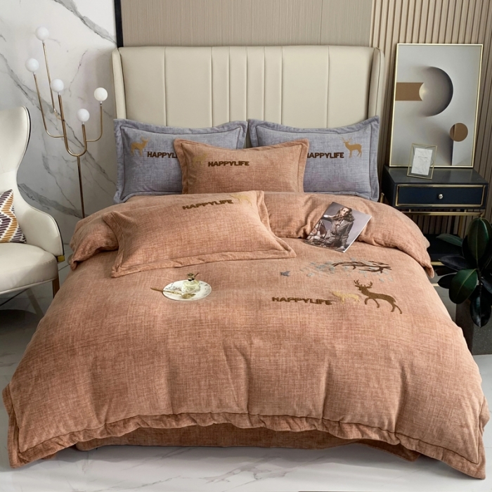 91家纺网 家纺一手货源 找家纺 榻尚2021新款高克重婴肤绒牛奶绒毛巾绣高端四件套 咖色小鹿