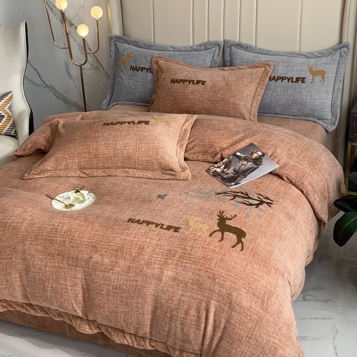 91家纺网 家纺一手货源 找家纺 榻尚2021新款高克重婴肤绒牛奶绒毛巾绣高端四件套 咖色小鹿