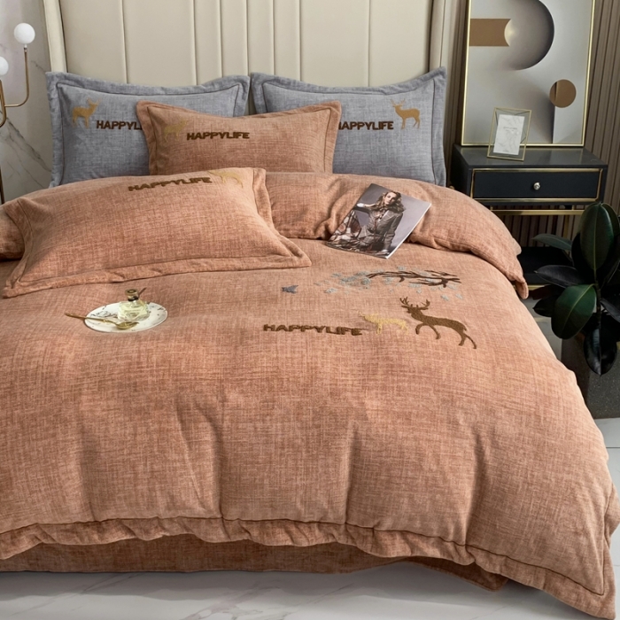 91家纺网 家纺一手货源 找家纺 榻尚2021新款高克重婴肤绒牛奶绒毛巾绣高端四件套 咖色小鹿