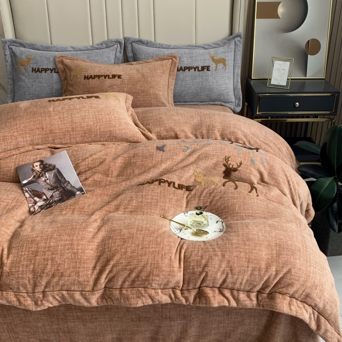 91家纺网 家纺一手货源 找家纺 榻尚2021新款高克重婴肤绒牛奶绒毛巾绣高端四件套 咖色小鹿