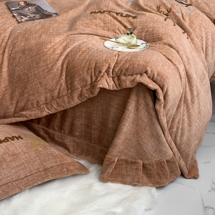 91家纺网 家纺一手货源 找家纺 榻尚2021新款高克重婴肤绒牛奶绒毛巾绣高端四件套 咖色小鹿