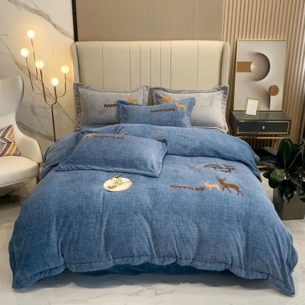 榻尚2021新款高克重婴肤绒牛奶绒毛巾绣高端四件套 蓝色小鹿