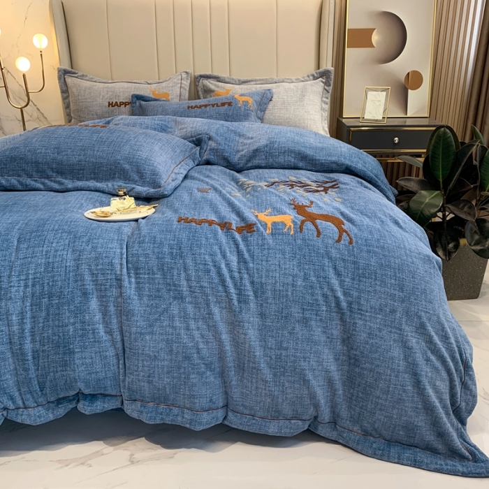 91家纺网 家纺一手货源 找家纺 榻尚2021新款高克重婴肤绒牛奶绒毛巾绣高端四件套 蓝色小鹿