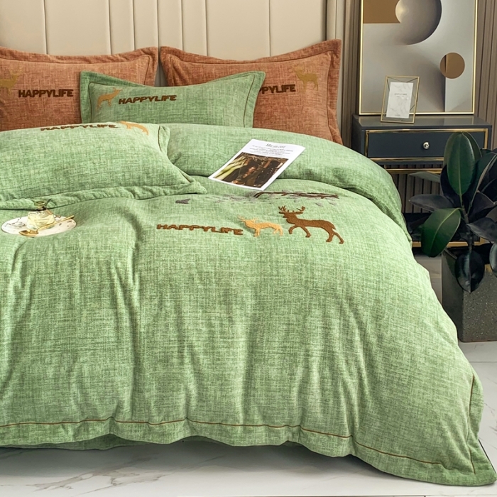 91家纺网 家纺一手货源 找家纺 榻尚2021新款高克重婴肤绒牛奶绒毛巾绣高端四件套 绿色小鹿