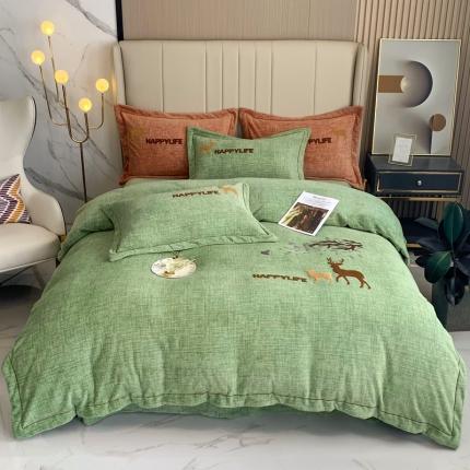 榻尚2021新款高克重婴肤绒牛奶绒毛巾绣高端四件套 绿色小鹿