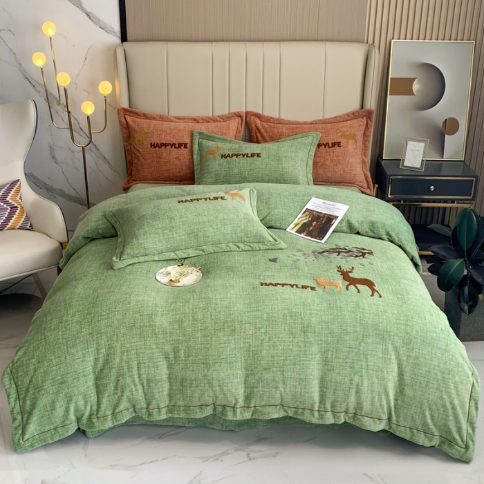 91家纺网 家纺一手货源 找家纺 榻尚2021新款高克重婴肤绒牛奶绒毛巾绣高端四件套 绿色小鹿