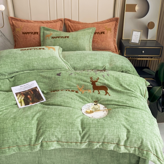 91家纺网 家纺一手货源 找家纺 榻尚2021新款高克重婴肤绒牛奶绒毛巾绣高端四件套 绿色小鹿