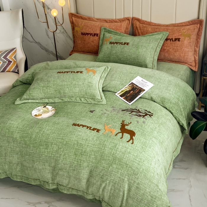 91家纺网 家纺一手货源 找家纺 榻尚2021新款高克重婴肤绒牛奶绒毛巾绣高端四件套 绿色小鹿