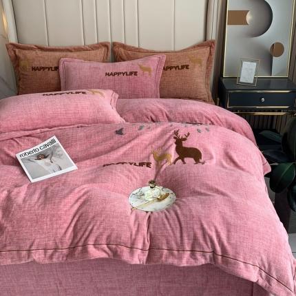 91家纺网 家纺一手货源 找家纺 榻尚新款高克重婴肤绒四件套肌理纹理毛巾绣风格2 粉色小鹿