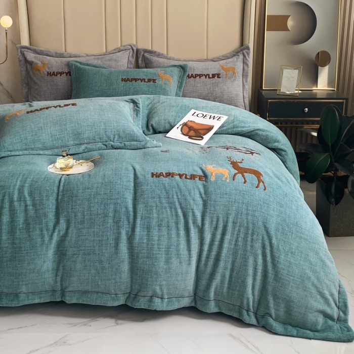 91家纺网 家纺一手货源 找家纺 榻尚新款高克重婴肤绒四件套肌理纹理毛巾绣风格2 黛色小鹿