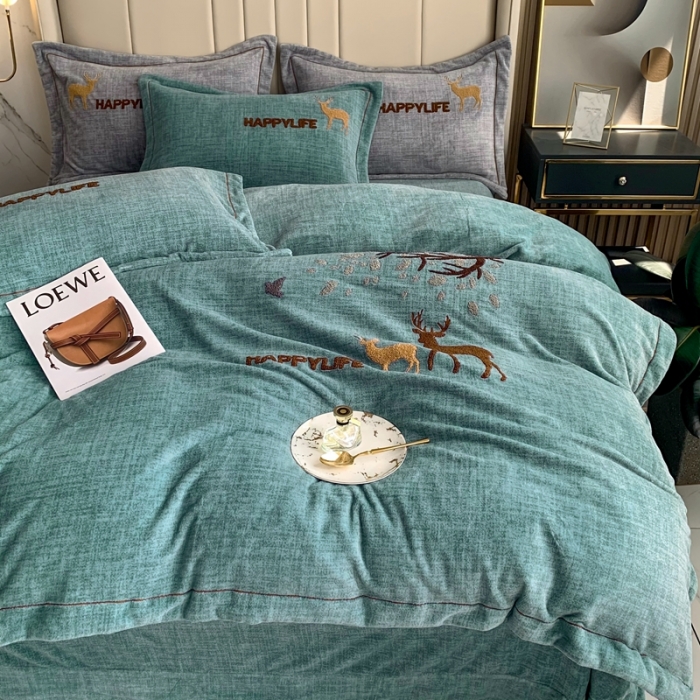 91家纺网 家纺一手货源 找家纺 榻尚新款高克重婴肤绒四件套肌理纹理毛巾绣风格2 黛色小鹿