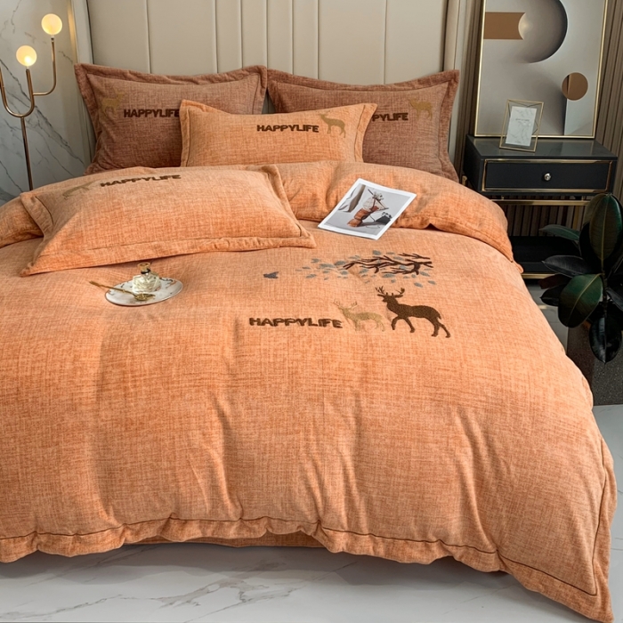 91家纺网 家纺一手货源 找家纺 榻尚新款高克重婴肤绒四件套肌理纹理毛巾绣风格2 黄色小鹿