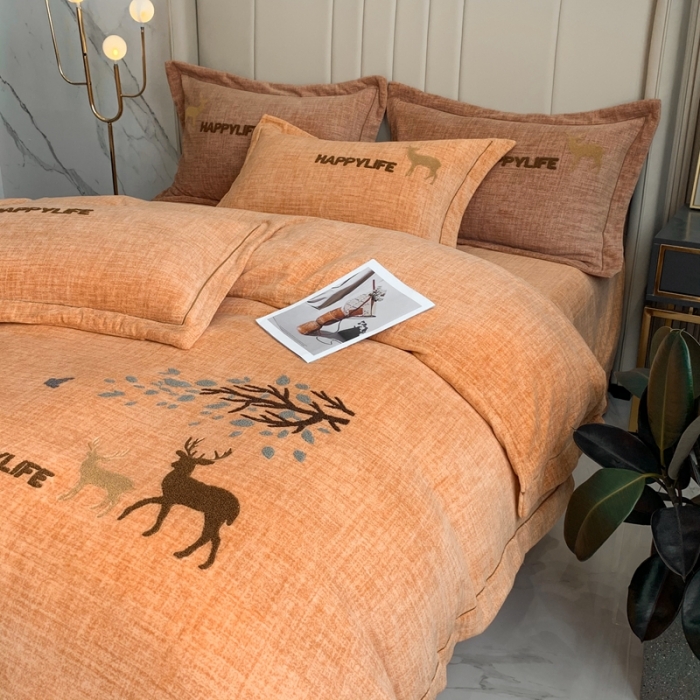 91家纺网 家纺一手货源 找家纺 榻尚新款高克重婴肤绒四件套肌理纹理毛巾绣风格2 黄色小鹿