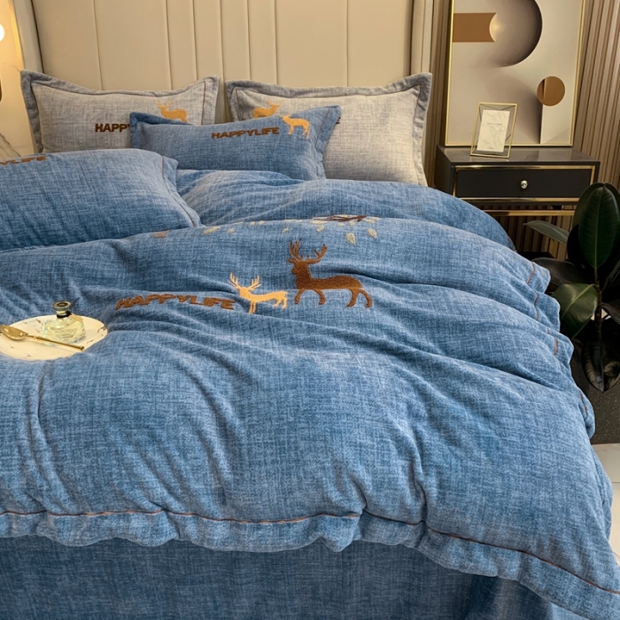 91家纺网 家纺一手货源 找家纺 榻尚新款高克重婴肤绒四件套肌理纹理毛巾绣风格2 蓝色小鹿