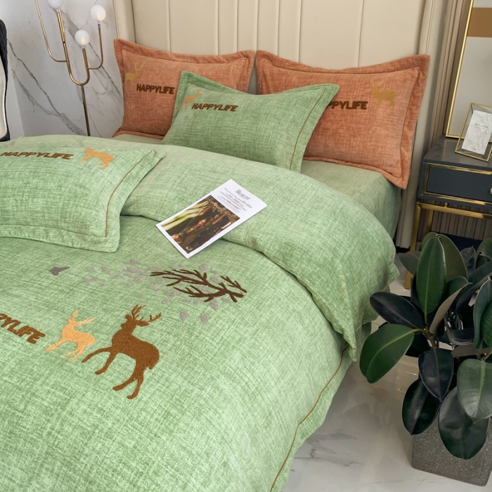 91家纺网 家纺一手货源 找家纺 榻尚新款高克重婴肤绒四件套肌理纹理毛巾绣风格2 绿色小鹿