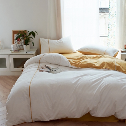 91家纺网 家纺一手货源 找家纺 纯棉水洗棉四件套纯色简约全棉被套工艺款床单床笠学生直播爆款