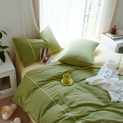 纯棉水洗棉四件套纯色简约全棉被套工艺款床单床笠学生直播爆款