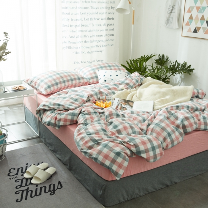 91家纺网 家纺一手货源 找家纺 安莱生活 2021新款全棉水洗棉套件 七彩格玫粉