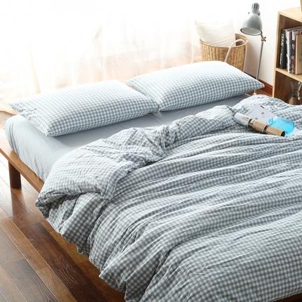 91家纺网 家纺一手货源 找家纺 安莱生活 2021新款全棉水洗棉套件 浅蓝小格