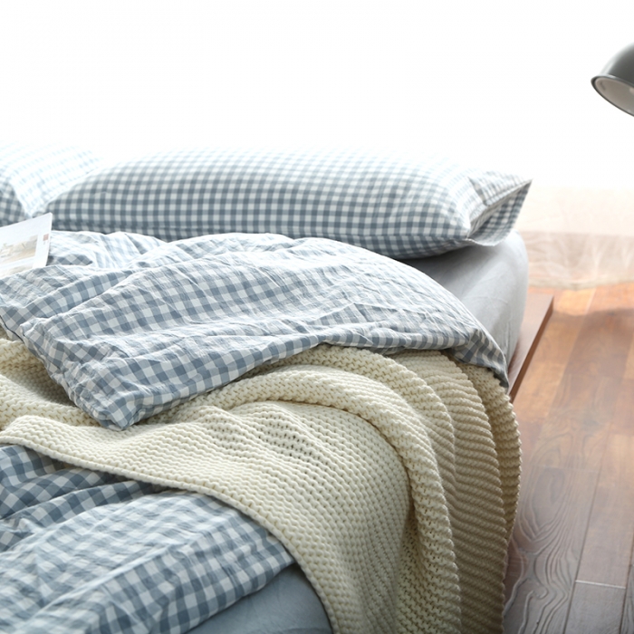 91家纺网 家纺一手货源 找家纺 安莱生活 2021新款全棉水洗棉套件 浅蓝小格