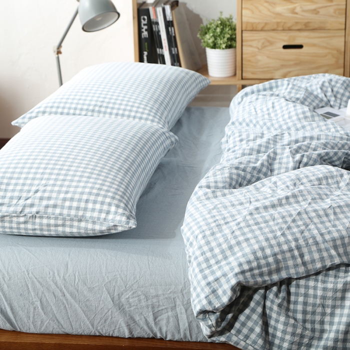 91家纺网 家纺一手货源 找家纺 安莱生活 2021新款全棉水洗棉套件 浅蓝小格