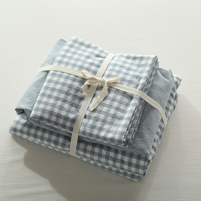 91家纺网 家纺一手货源 找家纺 安莱生活 2021新款全棉水洗棉套件 浅蓝小格