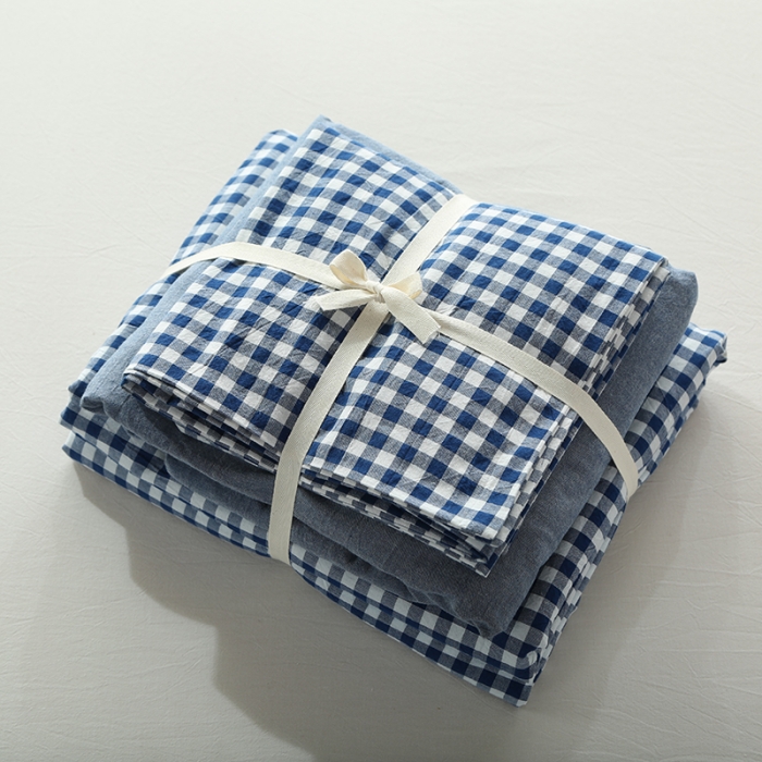 91家纺网 家纺一手货源 找家纺 安莱生活 2021新款全棉水洗棉套件 深蓝小格