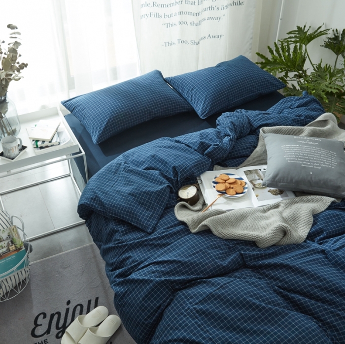 91家纺网 家纺一手货源 找家纺 安莱生活 2021新款全棉水洗棉套件 小蓝格