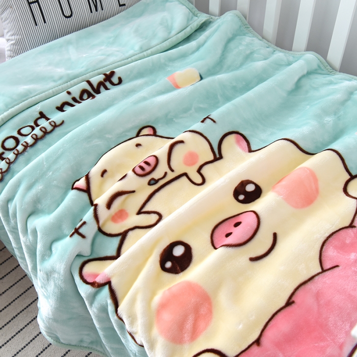 91家纺网 家纺一手货源 找家纺 凯轩毛毛毯毯子 2024新款双层儿童云毛毯毯子盖毛毯毯子毛毯毯子子 卡通猪-浅绿