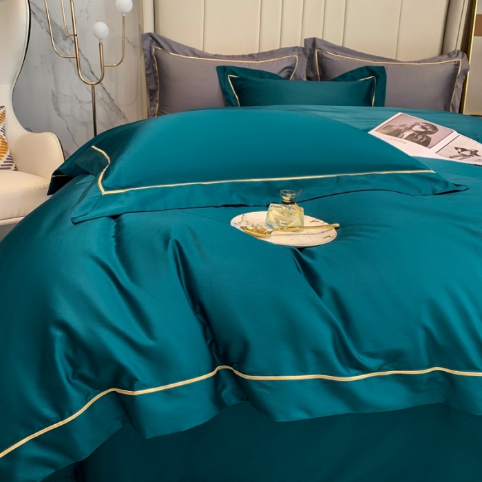 91家纺网 家纺一手货源 找家纺 榻尚家居2021新款长绒棉简约轻奢四件套 魅-孔雀蓝