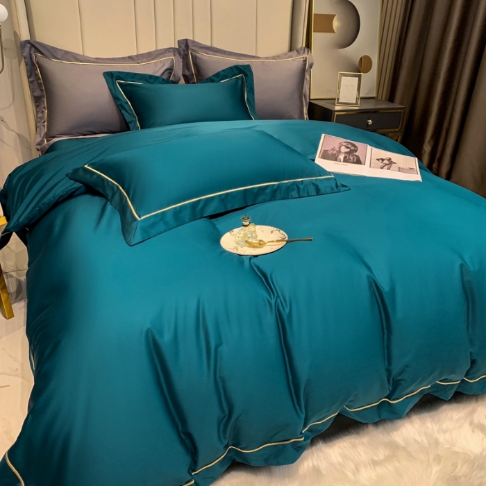 91家纺网 家纺一手货源 找家纺 榻尚家居2021新款长绒棉简约轻奢四件套 魅-孔雀蓝