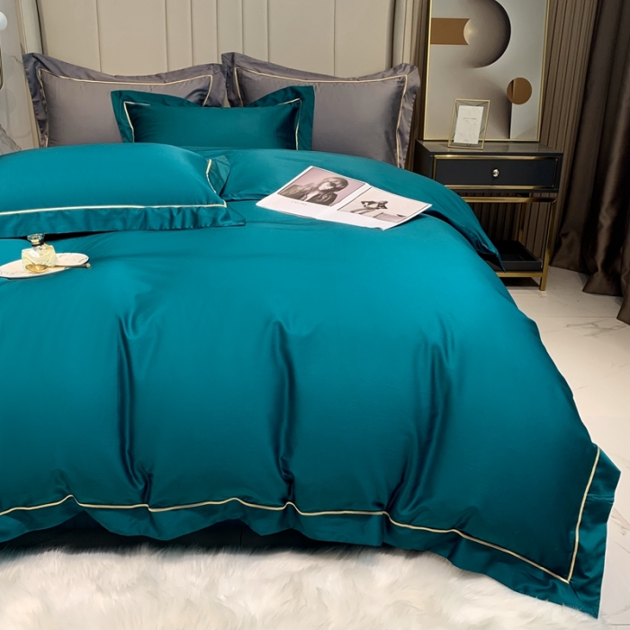 91家纺网 家纺一手货源 找家纺 榻尚家居2021新款长绒棉简约轻奢四件套 魅-孔雀蓝